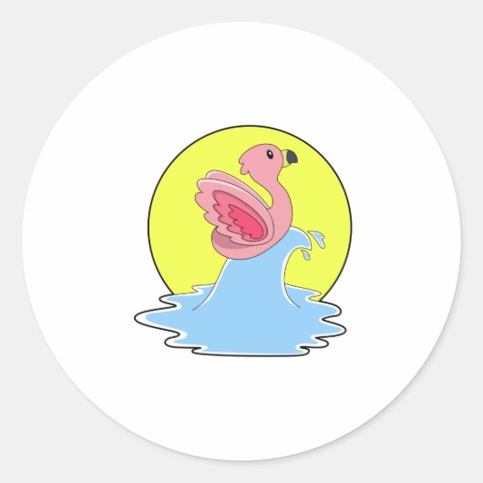 Sticker Rond Flamant rose à Surfing on Water (Devant)