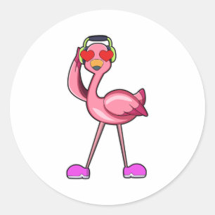Sticker Rond Flamant rose avec casque & Coeurs