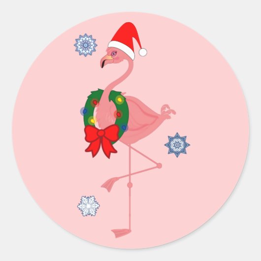 Sticker Rond Flamant rose avec Santa Hat et Wreath (Devant)