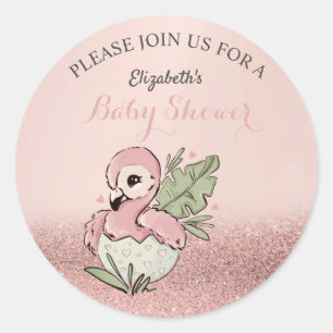 Sticker Rond Flamant rose bébé mignon Rose Parties scintillant