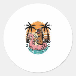 Sticker Rond Flamant Rose Cheval Vintage Float Design Vacances