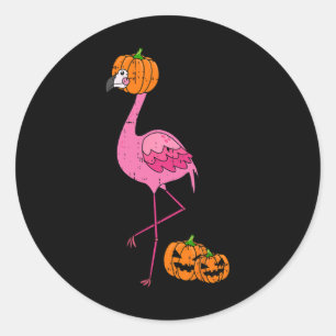 Sticker Rond Flamant rose Citrouille tête costume mignon oiseau