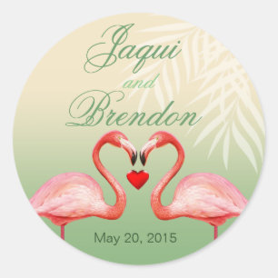 Sticker Rond Flamant rose Coeur Embrasse Mariage Faveur   jade