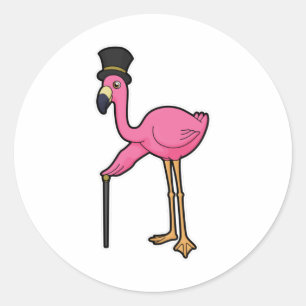 Sticker Rond Flamant rose comme Groom avec Casquette & canne