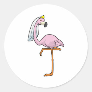 Sticker Rond Flamant rose comme Mariée au Mariage avec Voile