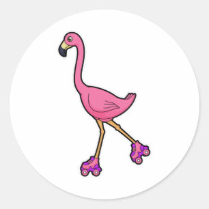 Sticker Rond Flamant rose comme Patineur avec Roller Patins