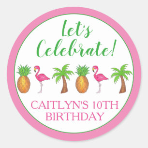 Sticker Rond Flamant rose d'anniversaire Palm Tree Pineapple