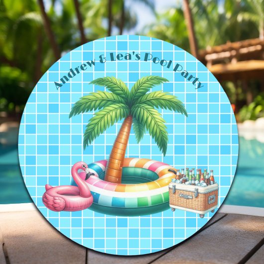 Sticker Rond Flamant rose de la piscine de palmiers