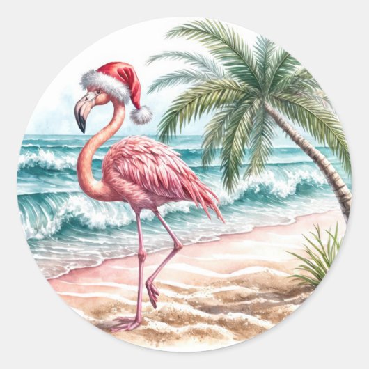 Sticker Rond Flamant rose de Noël sur une plage (Devant)