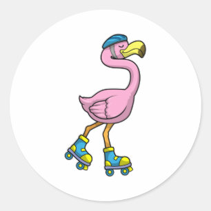 Sticker Rond Flamant rose de patinage avec patins et casque