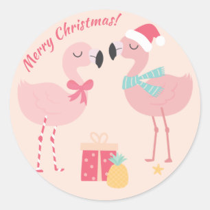 Sticker Rond Flamant rose de Père Noël tropical - Noël