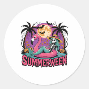 Sticker Rond Flamant rose de squelette de Summerween Fille d'ét