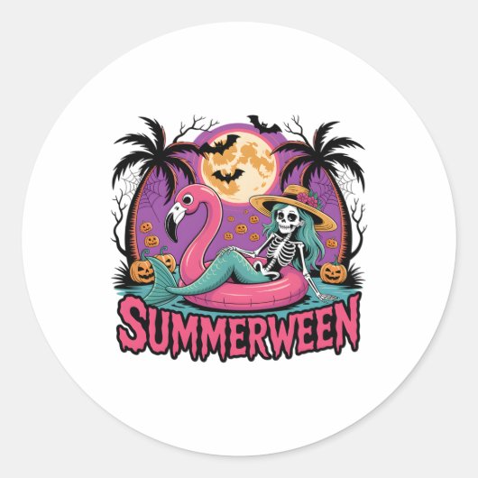 Sticker Rond Flamant rose de squelette de Summerween Fille d'ét (Devant)