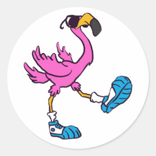 Sticker Rond Flamant rose drôle avec lunettes de soleil   chois
