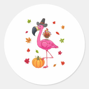Sticker Rond Flamant rose drôle Turquie Thanksgiving Citrouille