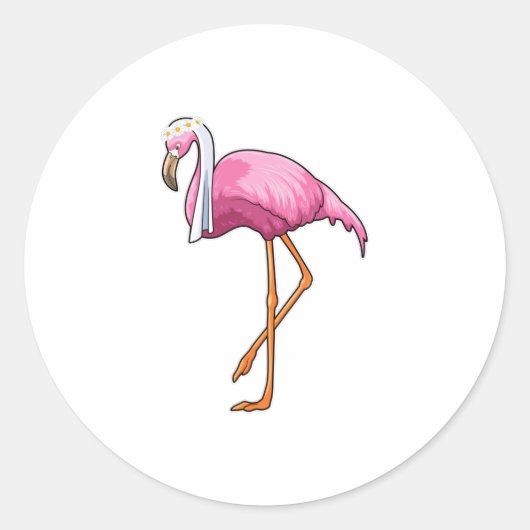 Sticker Rond Flamant rose en mariée avec voile (Devant)