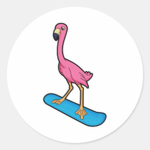 Sticker Rond Flamant rose en Snowboard avec Snowbaord