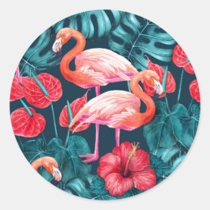 Sticker Rond Flamant rose et aquarelle du jardin tropical