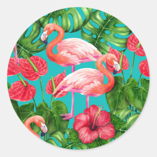 Sticker Rond Flamant rose et aquarelle du jardin tropical