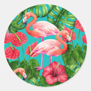 Sticker Rond Flamant rose et aquarelle du jardin tropical