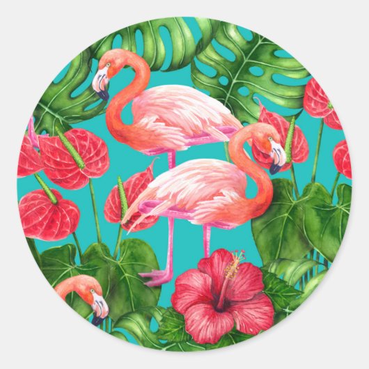 Sticker Rond Flamant rose et aquarelle du jardin tropical (Devant)