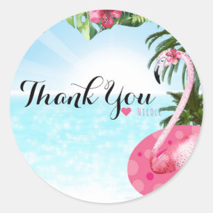 Sticker Rond Flamant rose Été Anniversaire PISCINE PARTY Beach