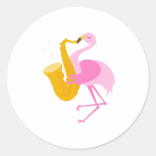 Sticker Rond Flamant rose Jouer Saxophone Saxophoniste Funn