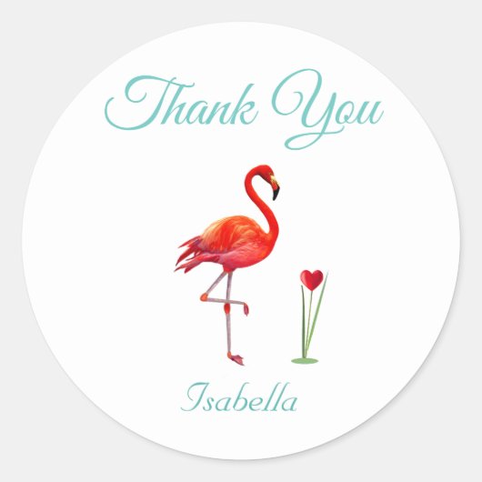 Sticker Rond Flamant rose mignon et Merci de coeur (Devant)