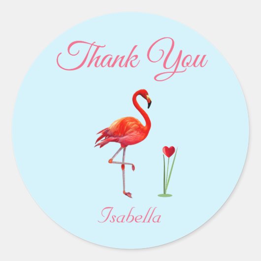 Sticker Rond Flamant rose mignon et Merci de coeur sur bleu cla (Devant)