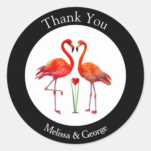 Sticker Rond Flamant rose mignon Merci Couple sur noir & blanc (Devant)