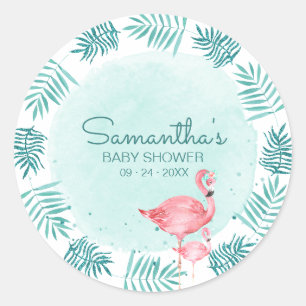 Sticker Rond Flamant rose & Palm Feuilles Turquoise Baby shower