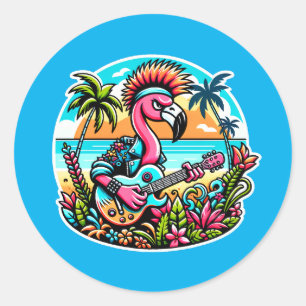 Sticker Rond Flamant rose Rockstar dans Paradise Punk Vibes tro