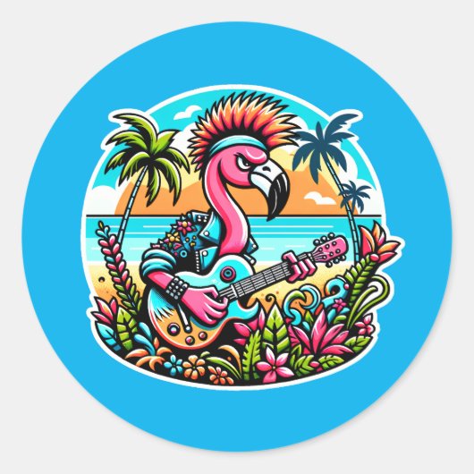 Sticker Rond Flamant rose Rockstar dans Paradise Punk Vibes tro (Devant)