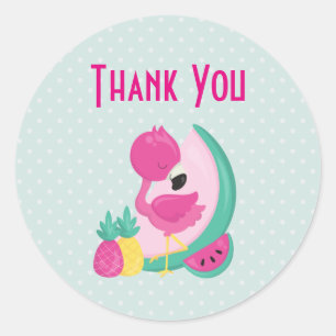 Sticker Rond Flamant rose rose avec pastèque et ananas