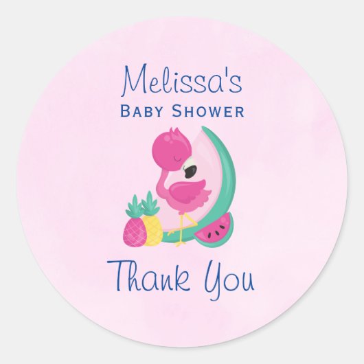Sticker Rond Flamant rose rose avec pastèque et ananas (Devant)