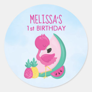 Sticker Rond Flamant rose rose avec pastèque et ananas Annivers