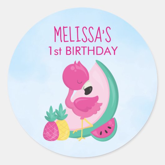 Sticker Rond Flamant rose rose avec pastèque et ananas Annivers (Devant)