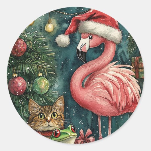 Sticker Rond Flamant rose rose Chat & Grenouille Noël tropical (Devant)