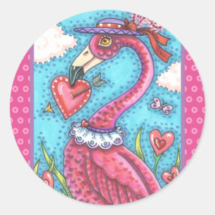 Sticker Rond Flamant rose ROSE COEURS DE VALENTINE, INSÉPARABLE