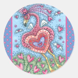 Sticker Rond Flamant rose ROSE CUPIDE ET COEURS DE VOL VALENTIN