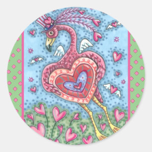 Sticker Rond Flamant rose ROSE CUPIDE ET COEURS DE VOL VALENTIN