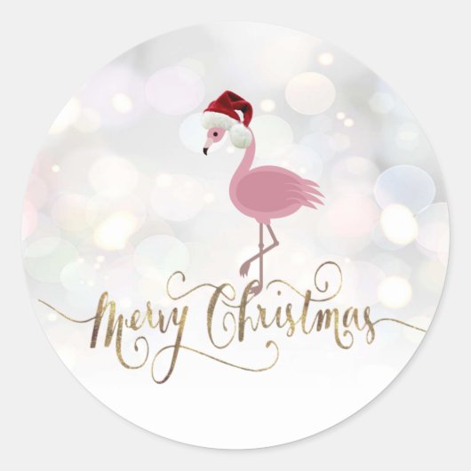 Sticker Rond Flamant rose Rose Cute Avec Chapeau De Santa (Devant)