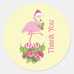 Sticker Rond Flamant rose rose en Merci lunaire de Santa Hat