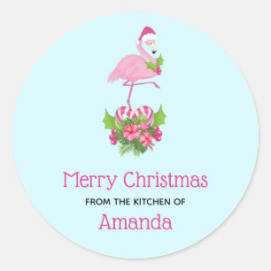 Sticker Rond Flamant rose rose en Santa Hat Whimsical Kitchen