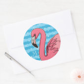 Sticker Rond Flamant rose rose et ondes bleues, ajouter Monogra (Enveloppe)