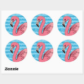 Sticker Rond Flamant rose rose et ondes bleues, ajouter Monogra (Feuille)