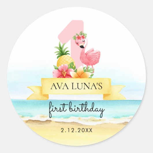 Sticker Rond Flamant rose rose Fille d'été 1er anniversaire (Devant)