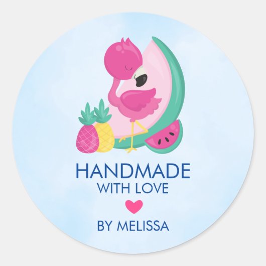 Sticker Rond Flamant rose rose & Fruits fait main avec amour (Devant)