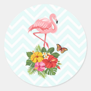 Sticker Rond Flamant rose rose & Hibiscus Tropical Fancy