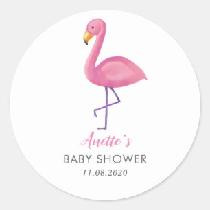 Sticker Rond Flamant rose rose Merci Baby shower moderne